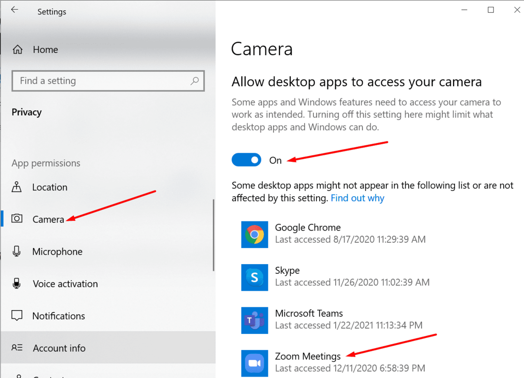 επιτρέψτε στην εφαρμογή zoom desktop για πρόσβαση στην κάμερα των Windows 10