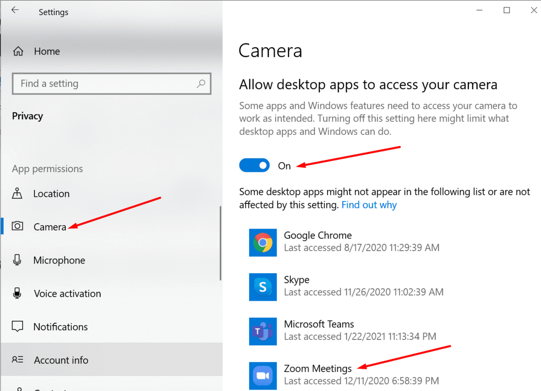 разреши на настолното приложение zoom за достъп до камерата на Windows 10