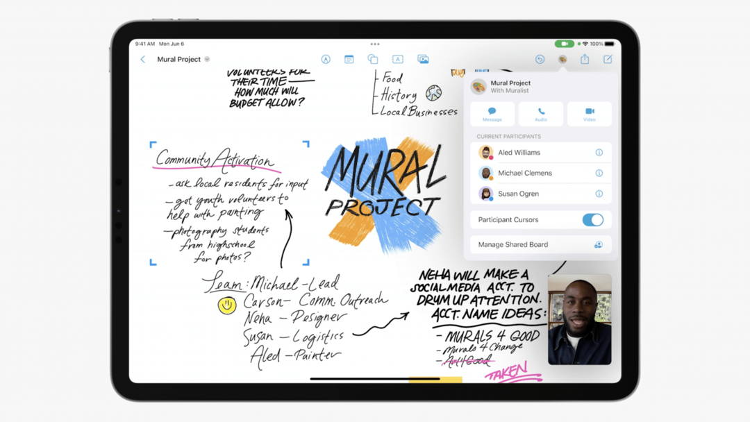 תמונה ממצגת Apple WWDC המציגה את אפליקציית Freeform ב-iPad.