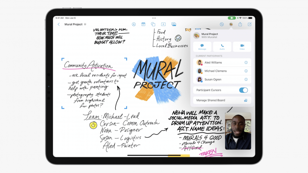 Immagine dalla presentazione Apple WWDC che mostra l'app Freeform su iPad.