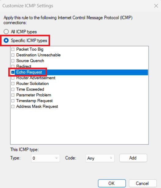 Jak wybrać żądanie echa w określonych typach ICMP