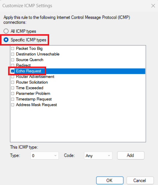 특정 ICMP 유형에서 에코 요청을 선택하는 방법