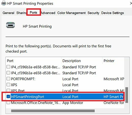 configurações da porta da impressora