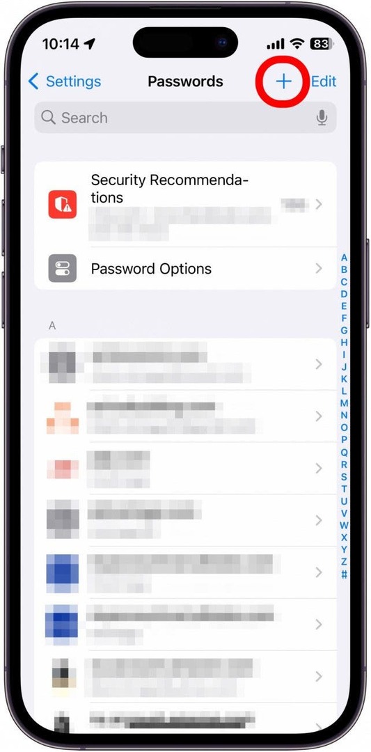 Configuración de contraseña de iPhone con el ícono más en un círculo rojo