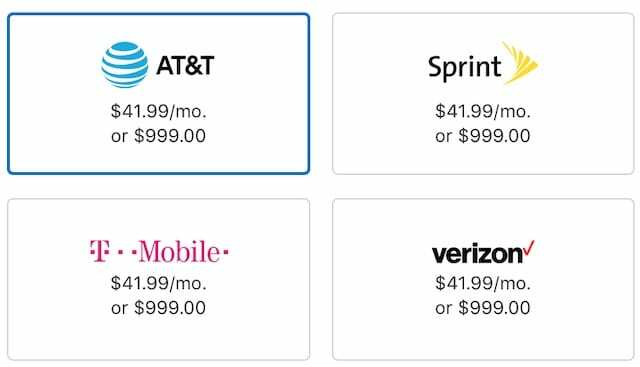 Operatörsval av AT&T, Sprint, T-Mobile och Verizon.