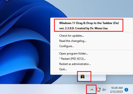 დააინსტალირეთ Windows11DragAndDropToTaskbarFix აპის უჯრის ხატულა