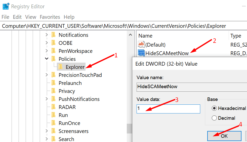 απόκρυψη Meet now windows 10 regedit