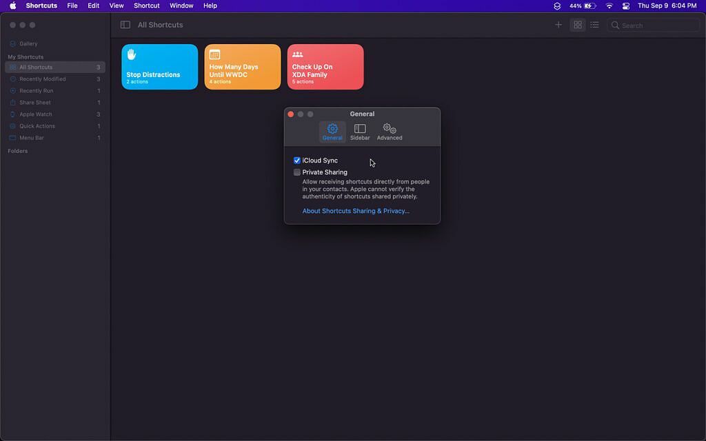 tangkapan layar preferensi umum di aplikasi pintasan di macOS