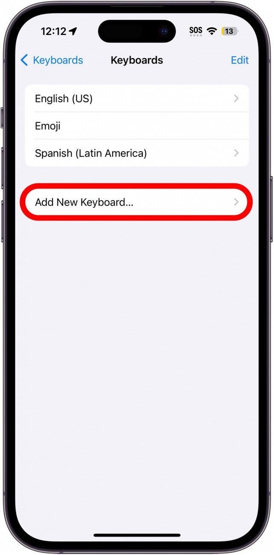 Výběr klávesnice iphone s tlačítkem Přidat novou klávesnici zakroužkovaným červeně