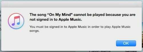 'Apple Music में साइन इन नहीं' त्रुटि संदेश का स्क्रीनशॉट