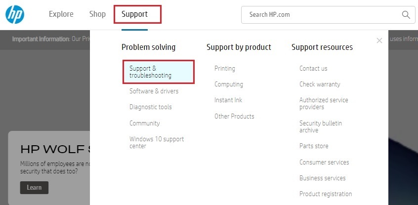 HP Support- und Fehlerbehebungsoption
