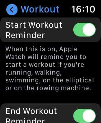 Možnost Začni opomnik vadbe v nastavitvah Apple Watch.
