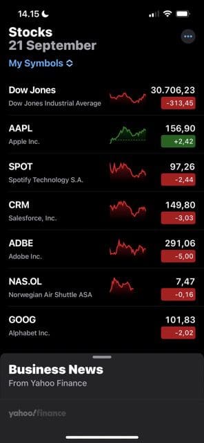 Screenshot che mostra uno stock che è stato aggiunto su iOS