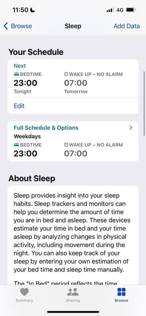 ตัวเลือกกำหนดเวลาการนอนหลับแบบเต็ม ภาพหน้าจอ iOS