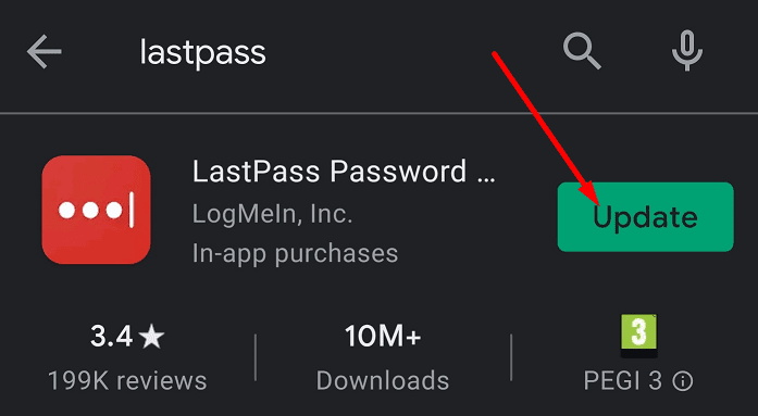 aktualizujte aplikaci lastpass pro Android