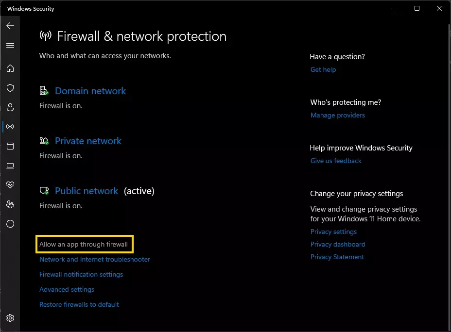 Windows 11 აპის დაშვება Firewall Link-ის მეშვეობით