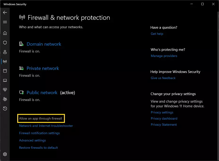 Windows 11 Permitir aplicación a través de enlace de firewall