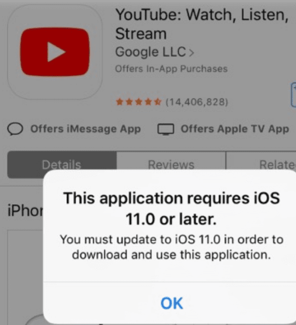 youtube изисква актуализация на iOS