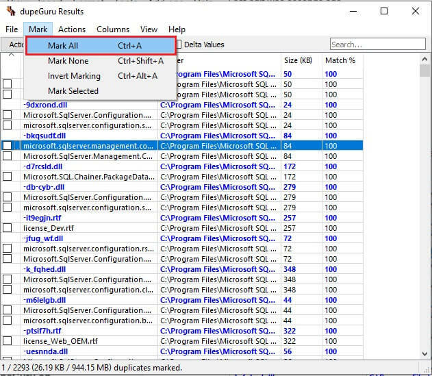 Выберите Отметить все результаты dupeGuru