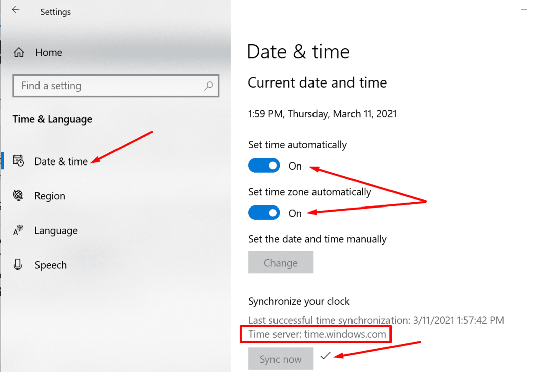 दिनांक और समय सेटिंग सिंक समय सर्वर