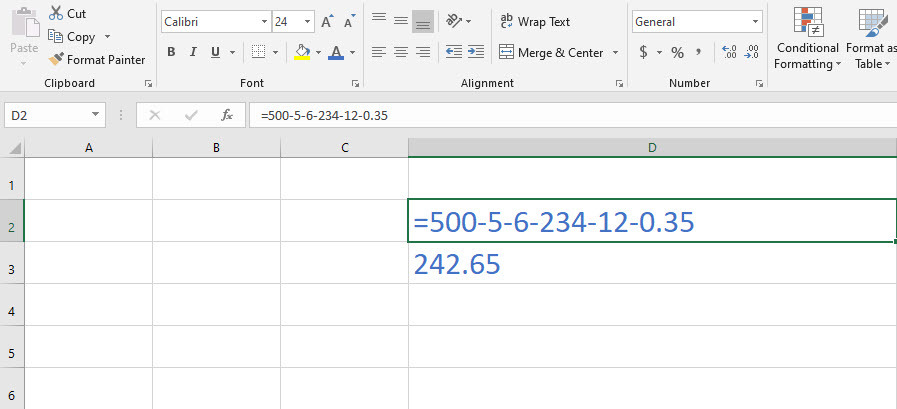 გამოკლების ფორმულა Excel-ში გამოკლებს ბევრ რიცხვს ერთ უჯრედში