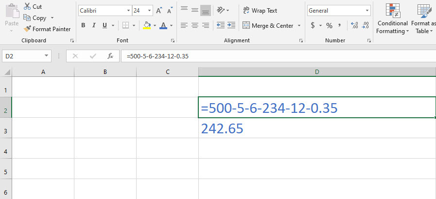 Atņemšanas formula programmā Excel atņem daudzus skaitļus vienā šūnā