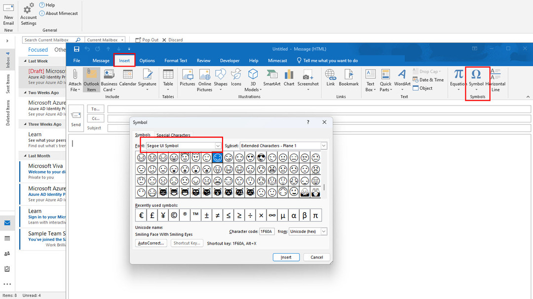 Jak přidat emodži v aplikaci Outlook Emojis ze symbolů