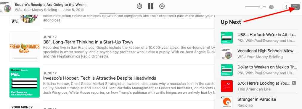 Kje je čakalna vrsta Up Next v aplikaciji Podcasts v macOS Catalina
