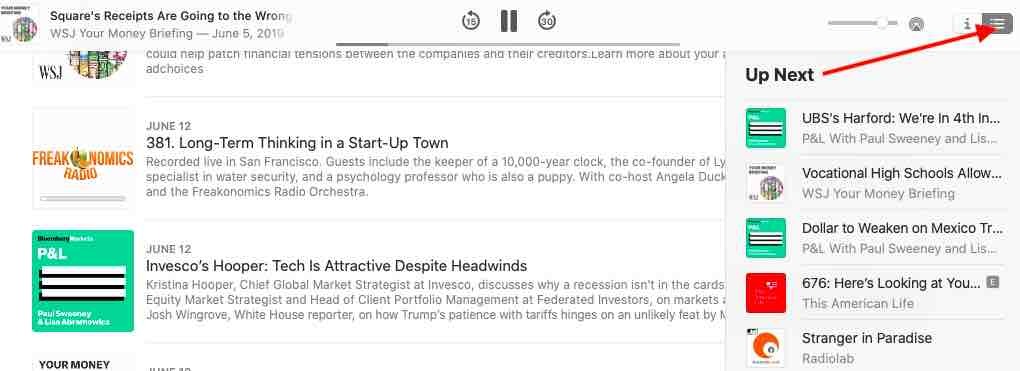 Onde está a fila Up Next no aplicativo Podcasts no macOS Catalina