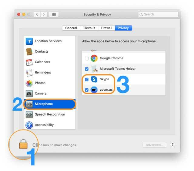 마이크용 Mac의 보안 및 개인 정보 설정