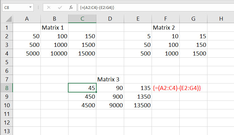 Excel kivonási képlet használata az egyik mátrixból a másikból való levonásra