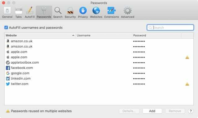 Hesla v Safari na Macu