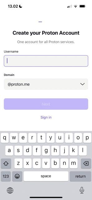 Skärmdump som visar hur man skapar ett konto på ProtonMail