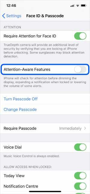 Option de fonctionnalités Attention-Aware dans les paramètres de l'iPhone