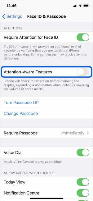 Attention-Aware funkciju opcija iPhone iestatījumos