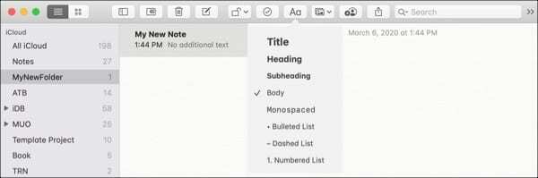 Formatierungsschaltfläche Notizen-Mac