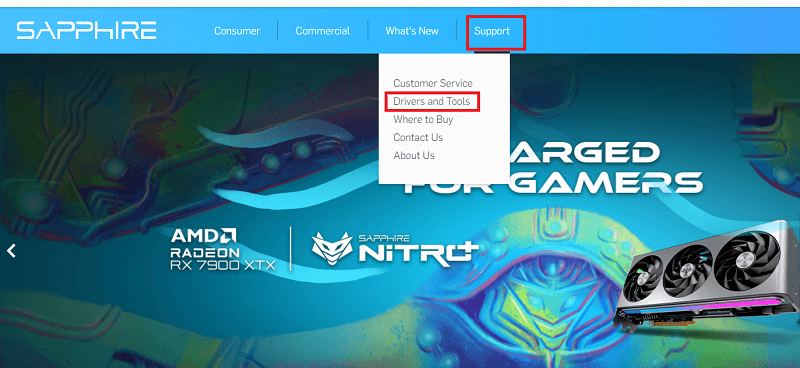 เว็บไซต์อย่างเป็นทางการของ Sapphire - คลิกที่ Support จากนั้นคลิก Drivers and tools