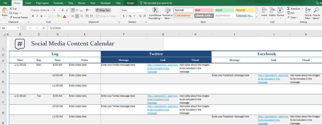 תבנית יומן מדיה חברתית מ- Microsoft Excel