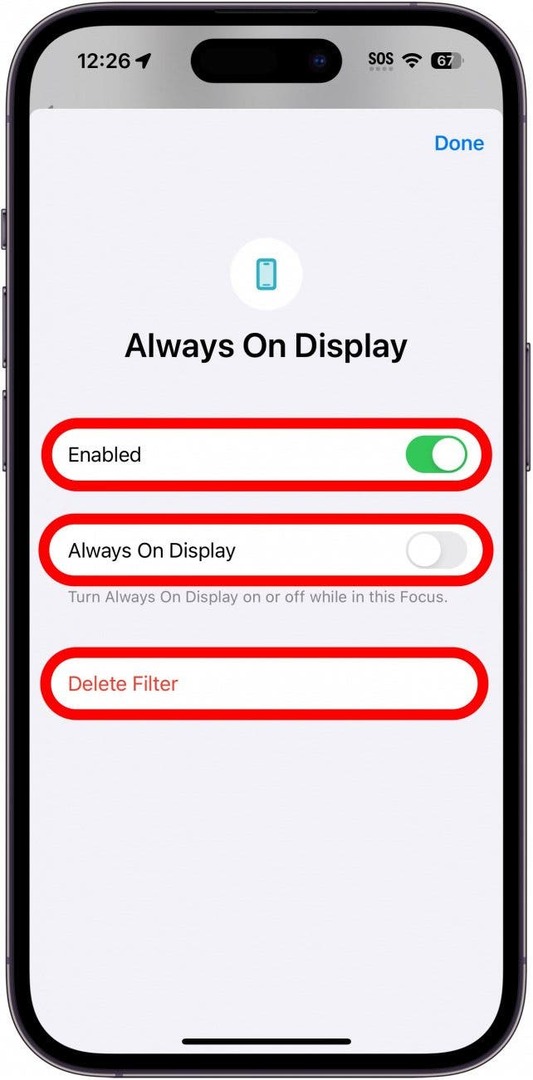 iphone เปิดการตั้งค่าตัวกรองโฟกัสการแสดงผลเสมอ โดยมีวงกลมสีแดงรอบๆ เปิดใช้งาน สลับปิดการใช้งาน สลับการแสดงผลเสมอ และลบปุ่มตัวกรอง