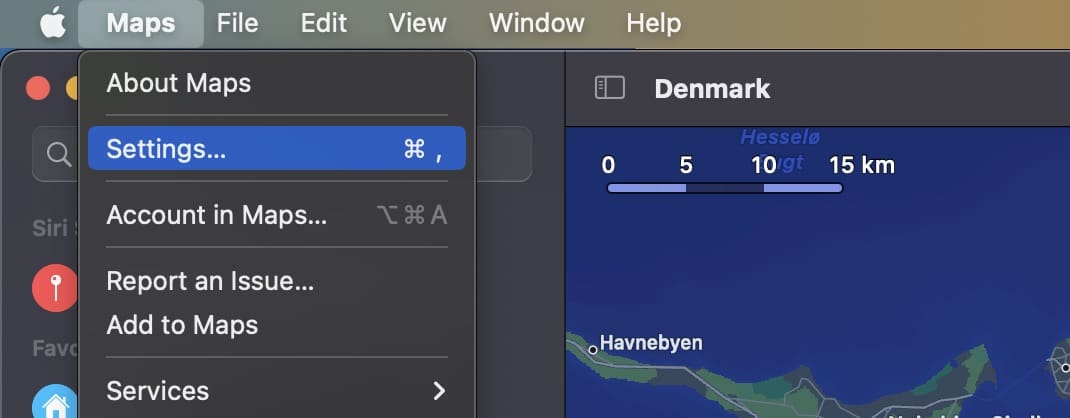 Mapsi seaded Maci ekraanipilt