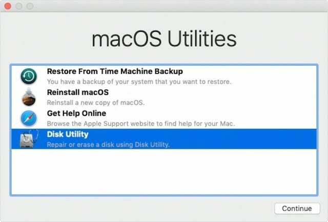 Опция Disk Utility в прозореца на помощните програми за режим на възстановяване на macOS