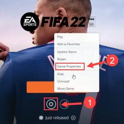 Wählen Sie die Spieleigenschaften in der FIFA 22-Einstellung