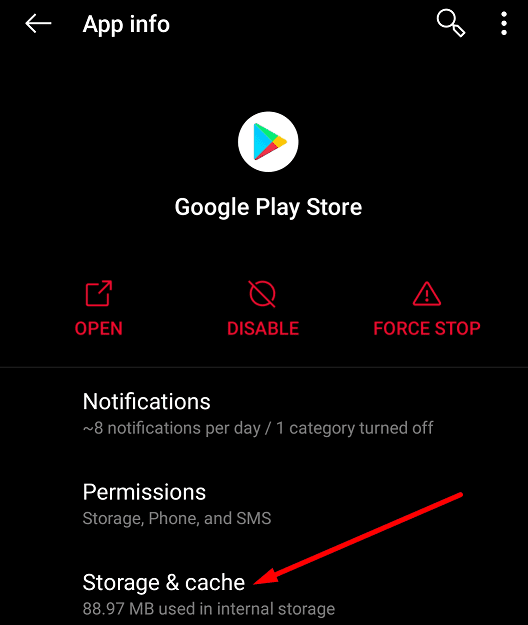 oneplus Google Play -kaupan tallennustila ja välimuisti
