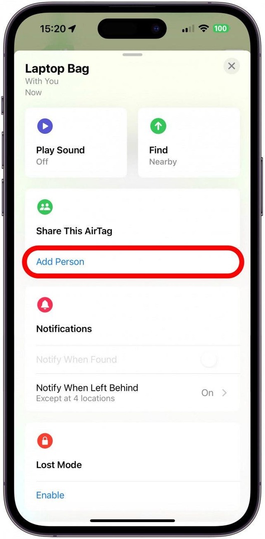 이 AirTag 공유 아래로 스크롤하고 사람 추가를 누릅니다.