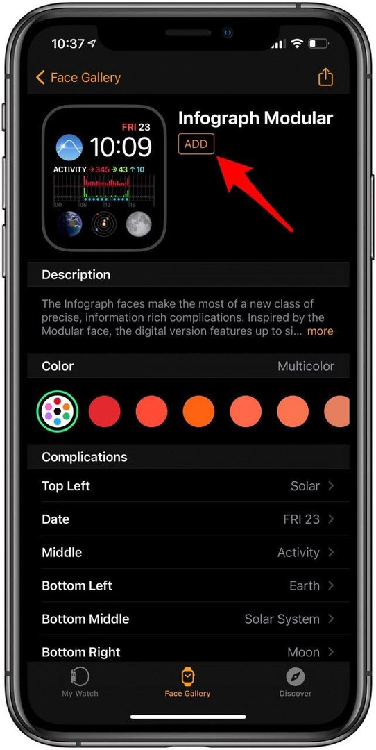 ऐक्टिविटी वॉच फ़ेस में से कोई एक चुनें और जोड़ें पर टैप करें।