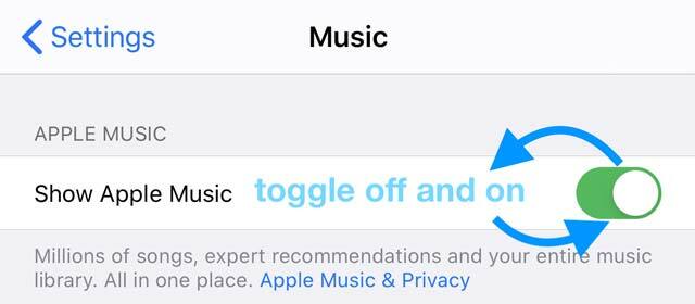 التبديل بين إيقاف تشغيل موسيقى Apple وتشغيلها