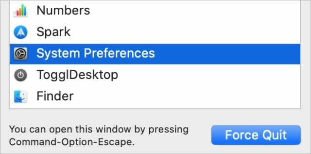 Okno Force Quit zobrazující Předvolby systému