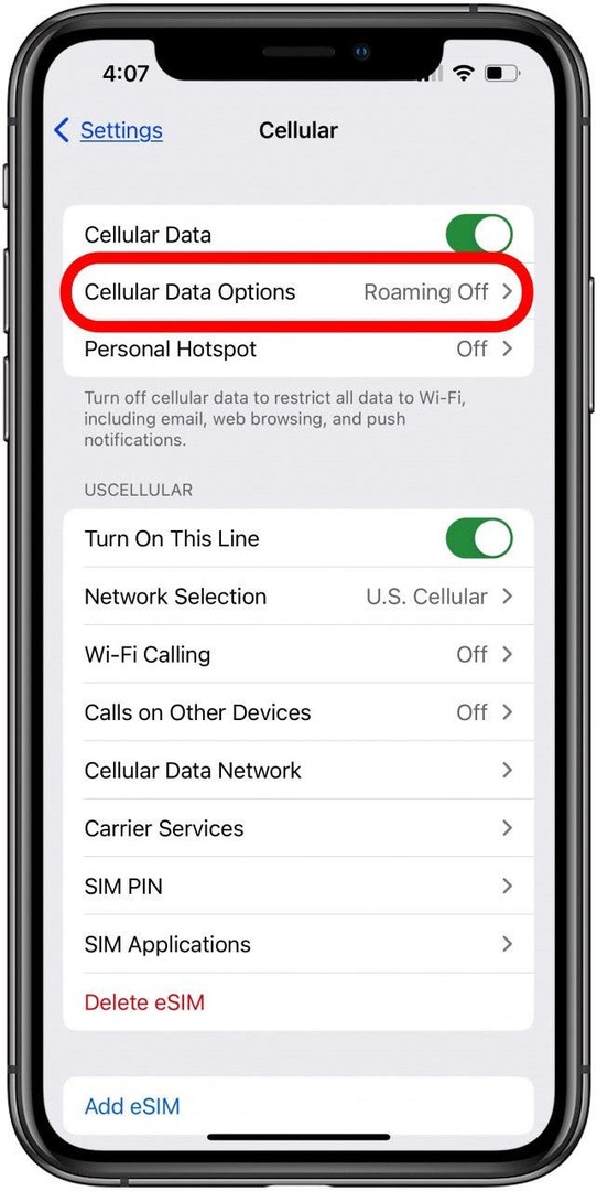 הקש על אפשרויות הנתונים הסלולריים כדי לתקן את הדואר הקולי של האייפון