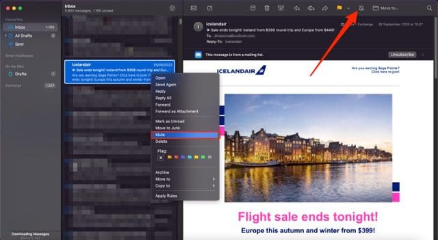 Skjermbilde som viser hvordan du kan dempe en e-post i Mail-appen for Mac