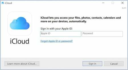 צילום מסך של דף הכניסה מ-iCloud עבור Windows